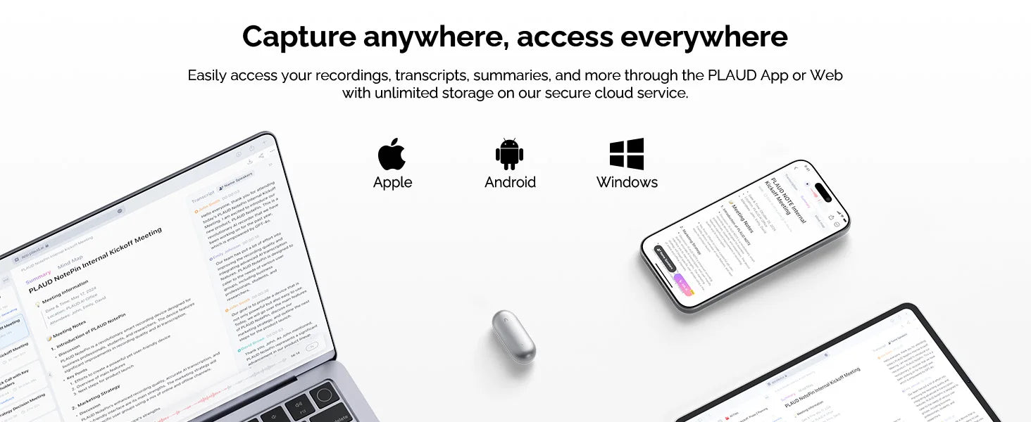 PLAUD NotePin Wearable AI Voice Recorder, AI Notetaker, Smart Transcription & Summarization, with Wristband & Lanyard