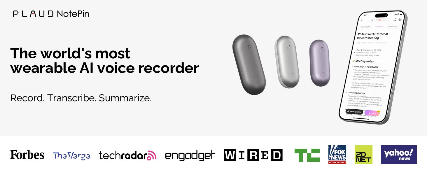 PLAUD NotePin Wearable AI Voice Recorder, AI Notetaker, Smart Transcription & Summarization, with Wristband & Lanyard