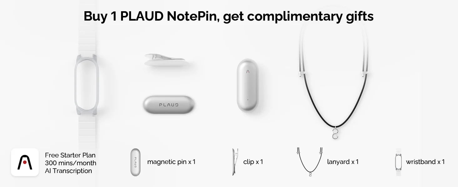 PLAUD NotePin Wearable AI Voice Recorder, AI Notetaker, Smart Transcription & Summarization, with Wristband & Lanyard