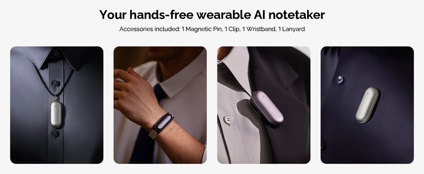 PLAUD NotePin Wearable AI Voice Recorder, AI Notetaker, Smart Transcription & Summarization, with Wristband & Lanyard